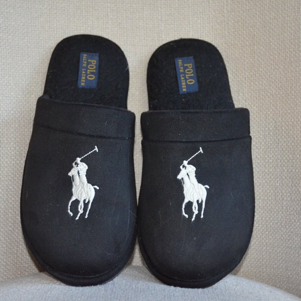 Ralph Lauren Polo Black Slip-On Scuff Slipper Men's size small 6-7.5